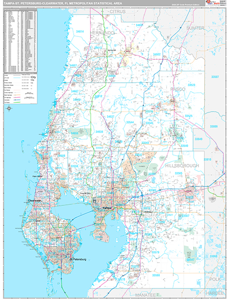 Tampa-St Petersburg-Clearwater Metro Area Zip Code Wall Map